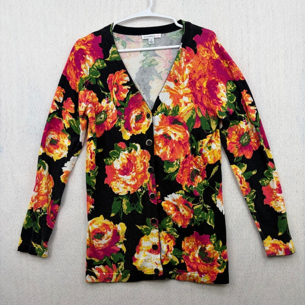 Isaac Mizrahi Live Womens Floral Button Front Cardigan Sweater Black Orange S